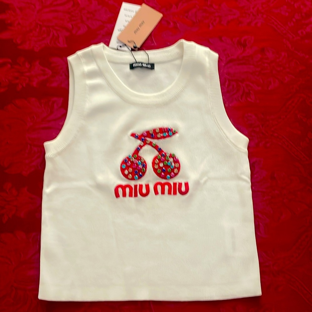 NWT Miu Miu Crystal Cherry Embellished Tank Top | Size S (Runs Small, feels XS).